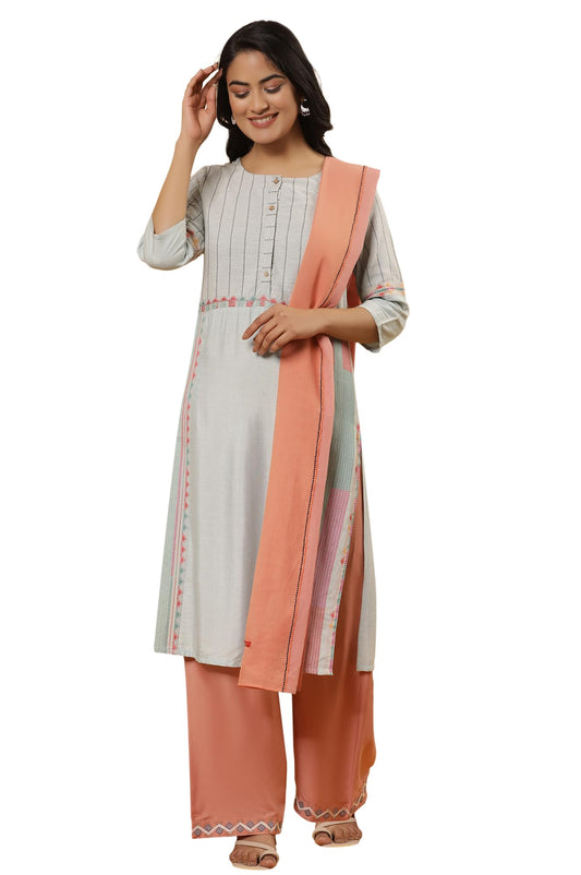 W for Woman W Women Blue Geometric Print Cotton Kurta Set With Parallel Pant & Dupatta