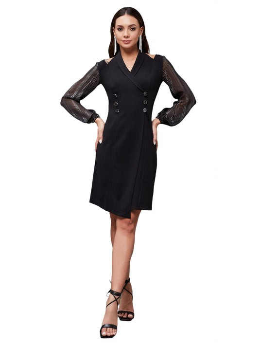 Miss Chase Womens Collar Bishop Sleeves Knee Length Dress (MCSS25D93-51-62-05, Black, L)