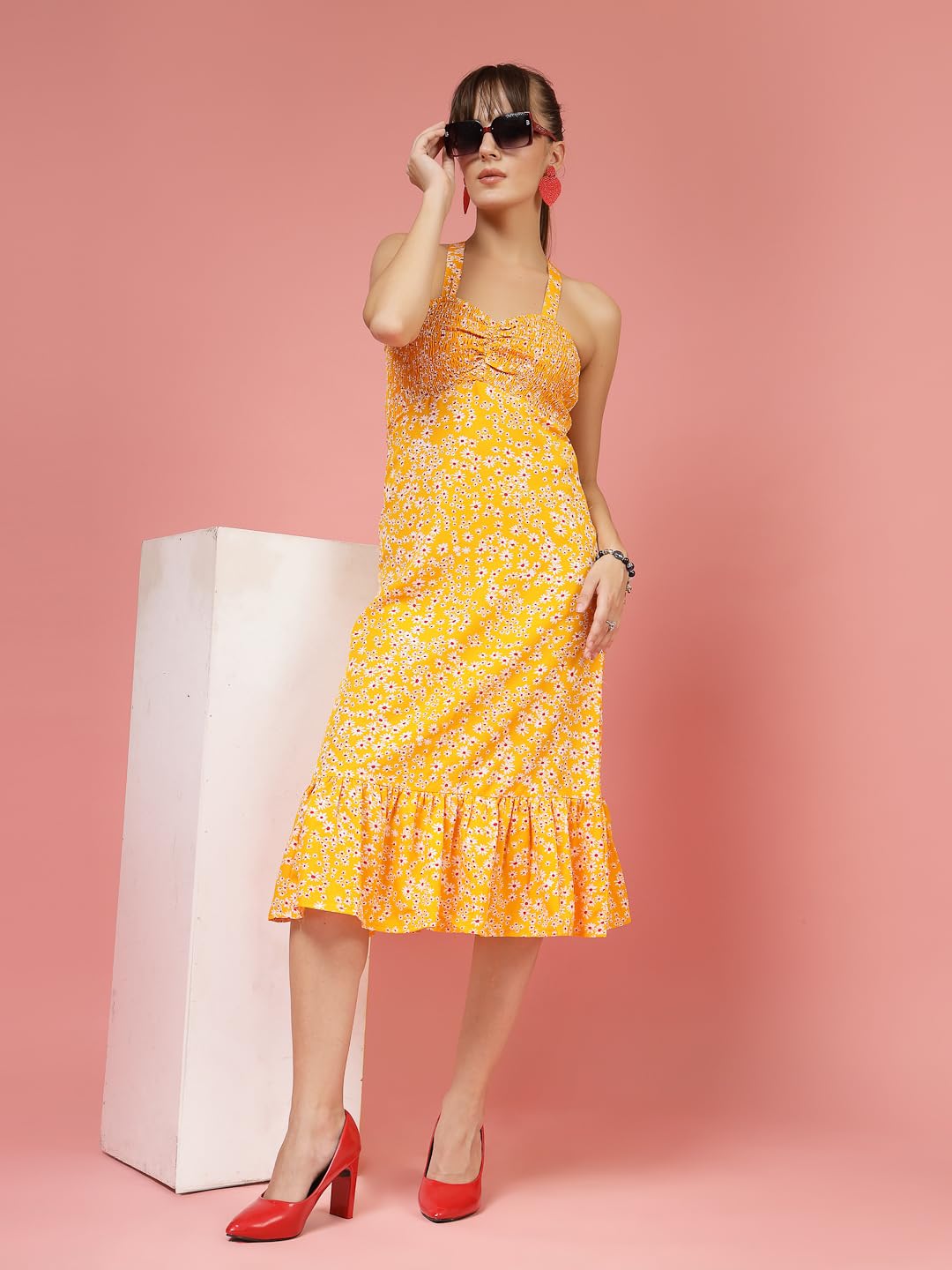 Oomph! WomenS Western & Fusion Wear Printed Crepe Dress For Women, Smocked Bodice, Multicolor - Md1034