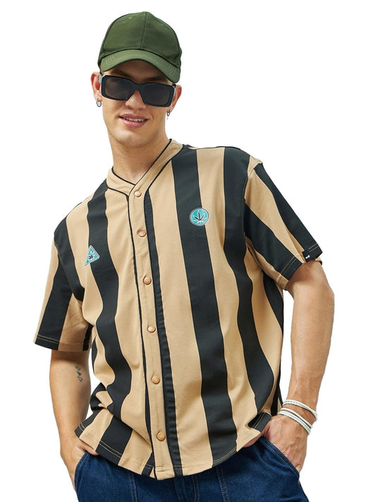 Bewakoof Mens Striped Oversized Half Sleeve Round Neck Pique Shirt_597318_Brown_M