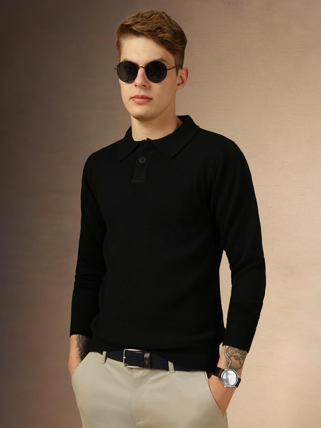 Dennis Lingo Men Black Solid Slim Fit Full Sleeve Polo Pullover