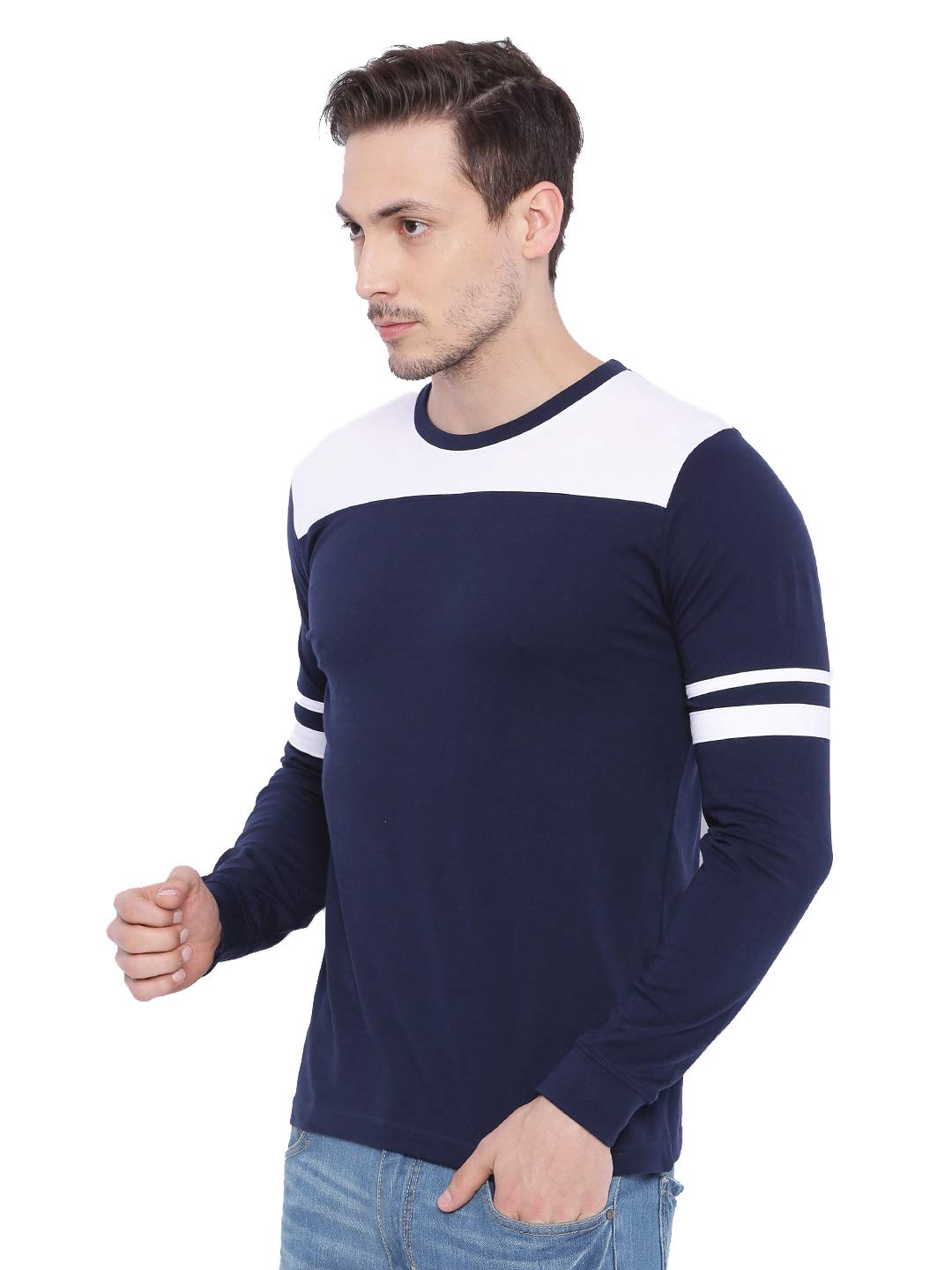 ADRO Men's Full Sleeve Cotton Color Block T-Shirts (FR2-4-TIP-NB-2XL_Navy Blue3)