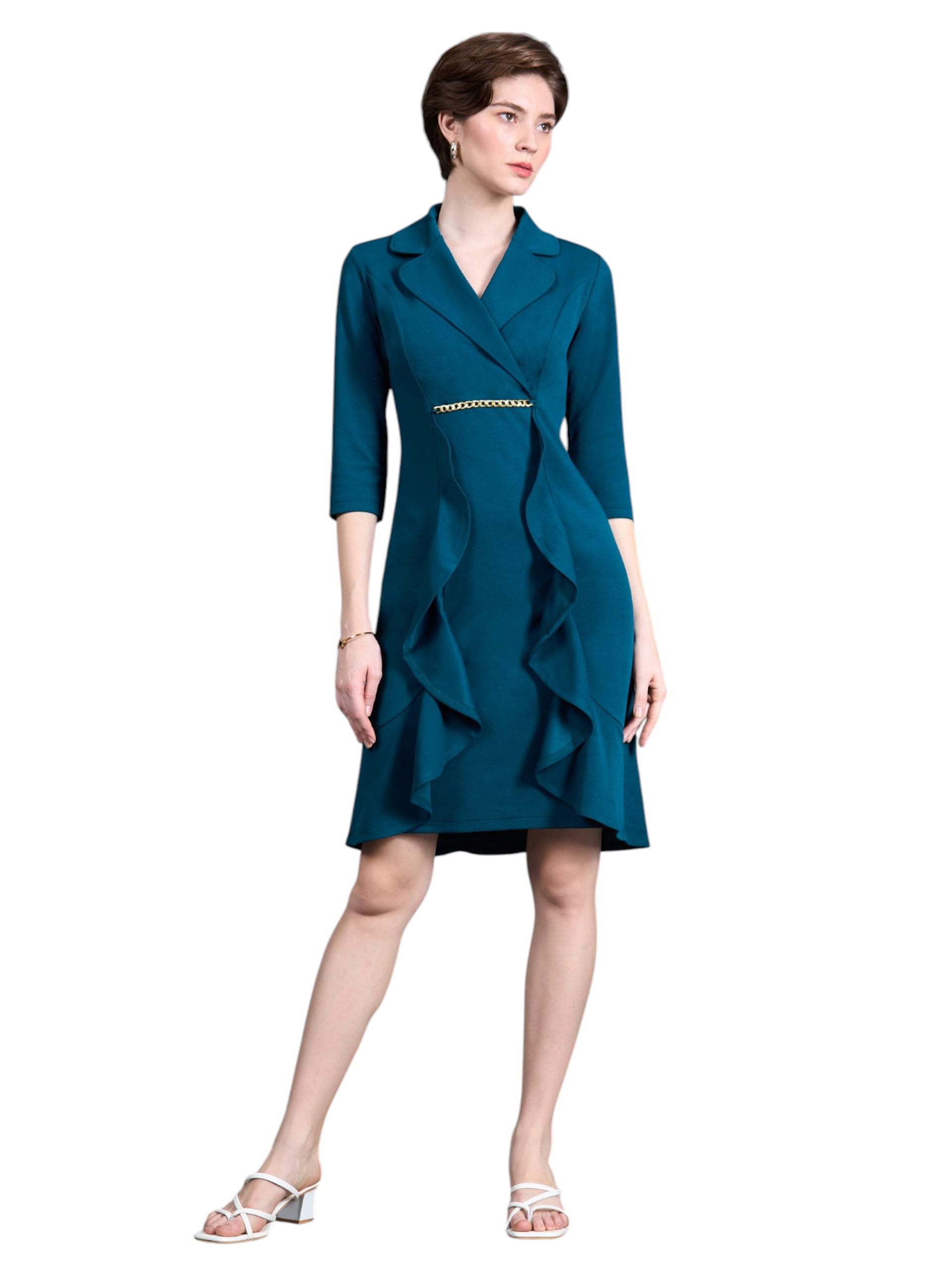 Miss Chase WomenS Notched Collar 3/4 Sleeve Blazer Polyester Knee-Long Dress (Mcaw25D84-71-Oph-02, Mallard Teal, Xs)