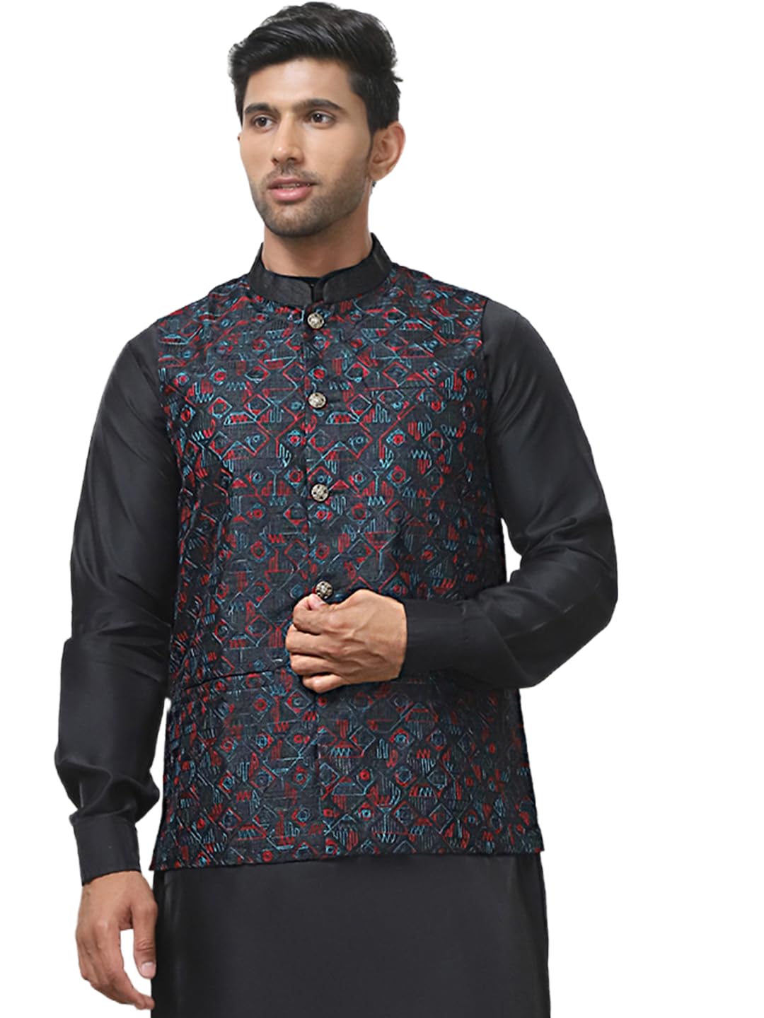 Jompers Mens Embroidered Silk Blend Nehru Jacket