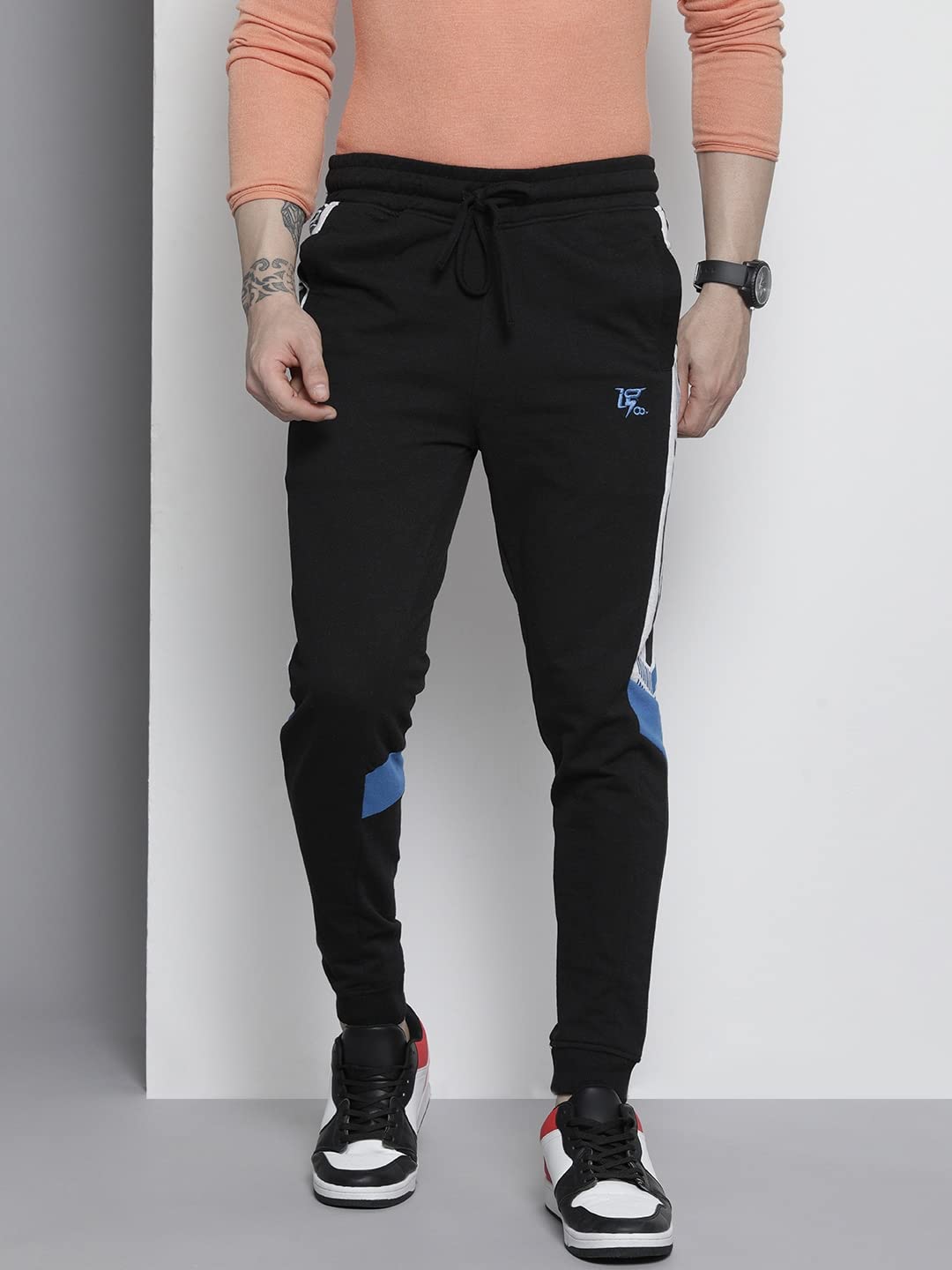 The Indian Garage Co Men Slim Fit Placement Print Mid-Rise Knitted Joggers Black
