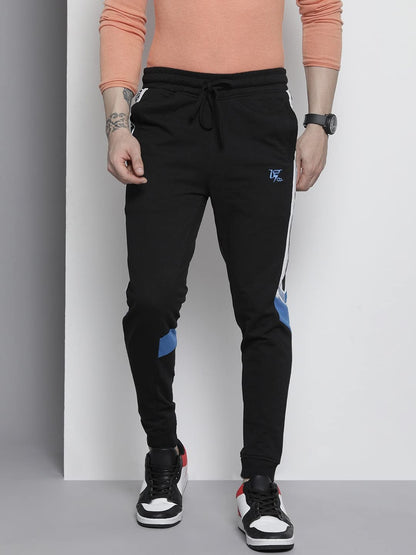 The Indian Garage Co Men Slim Fit Placement Print Mid-Rise Knitted Joggers Black