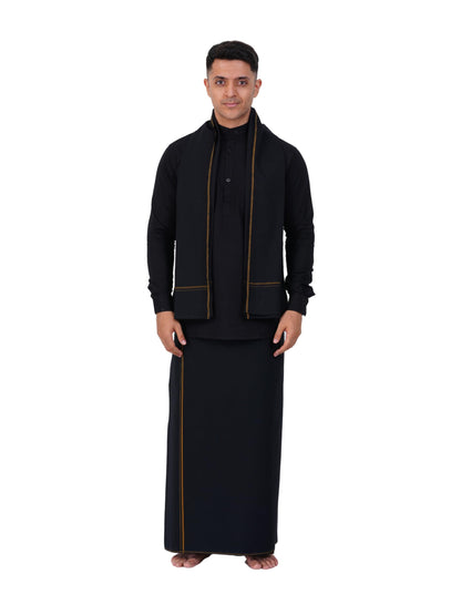 PRAKASAM COTTON Mens Single Small (Roja) Border (1.28x2.00 mtrs) Black Dhoti + Readymade Full Sleeve Mandarin Collar Black Shirt