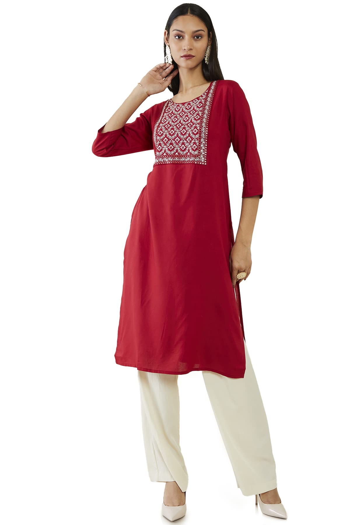 Soch Women Maroon Rayon Embroidered Kurta