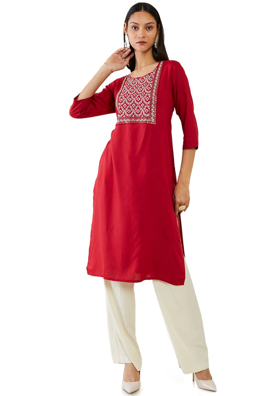Soch Women Maroon Rayon Embroidered Kurta