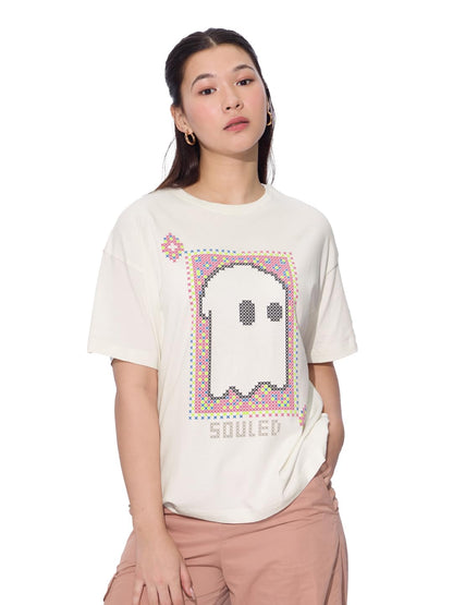 The Souled Store Soul Spark Women and Girls Short Sleeves Round Neck Off White Puff Printed Cotton Oversized T-Shirts