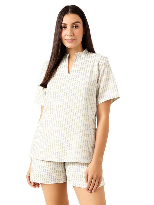Clovia Womens Cotton Printed Kurta Top & Shorts Set (LS0769P11_Green_XXL)