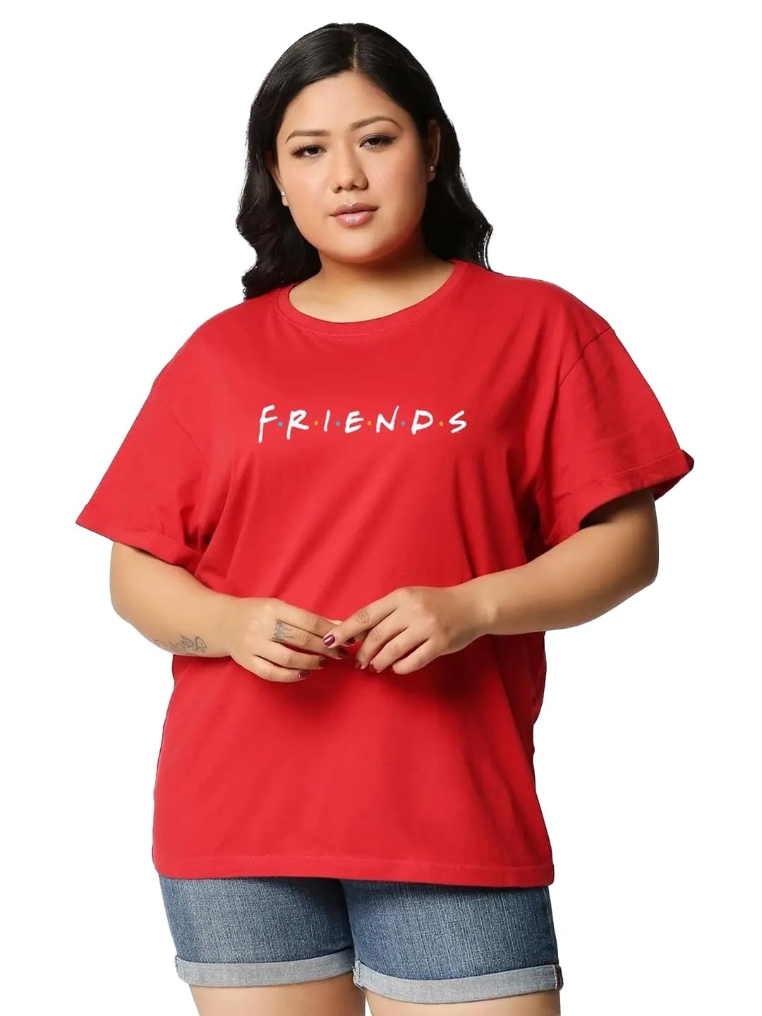 Bewakoof Official Friends Merchandise Womens Typography Boyfriend Fit Half Sleeve Round Neck Cotton Plus Size T-Shirt_384046_Re