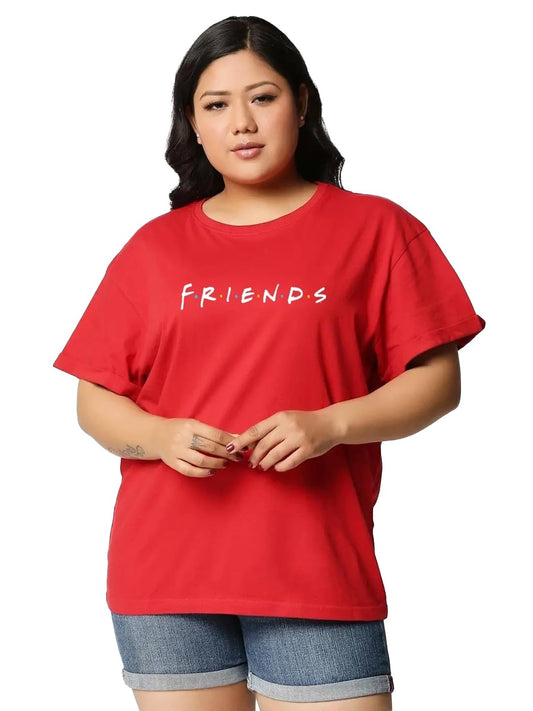 Bewakoof Official Friends Merchandise Womens Typography Boyfriend Fit Half Sleeve Round Neck Cotton Plus Size T-Shirt_384046_Re