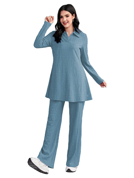 Tadkee WomenS Polyester Solid Color Two-Piece Set | Long Sleeve Top & Wide Leg Pants Co-Ord Set | Casual Wear Co Ord Set (Fn-Fu