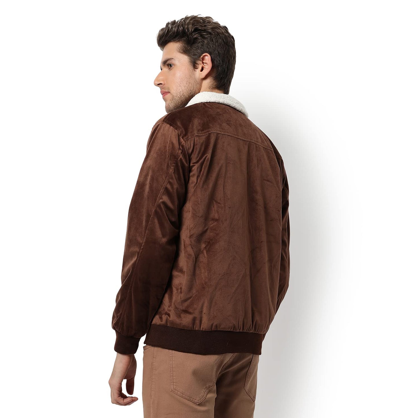 Campus Sutra Mens Solid Brown Fleece Puffer Regular Fit Bomber Jacket For Winter Wear | Standing Collar | Full Sleeve | Zipper