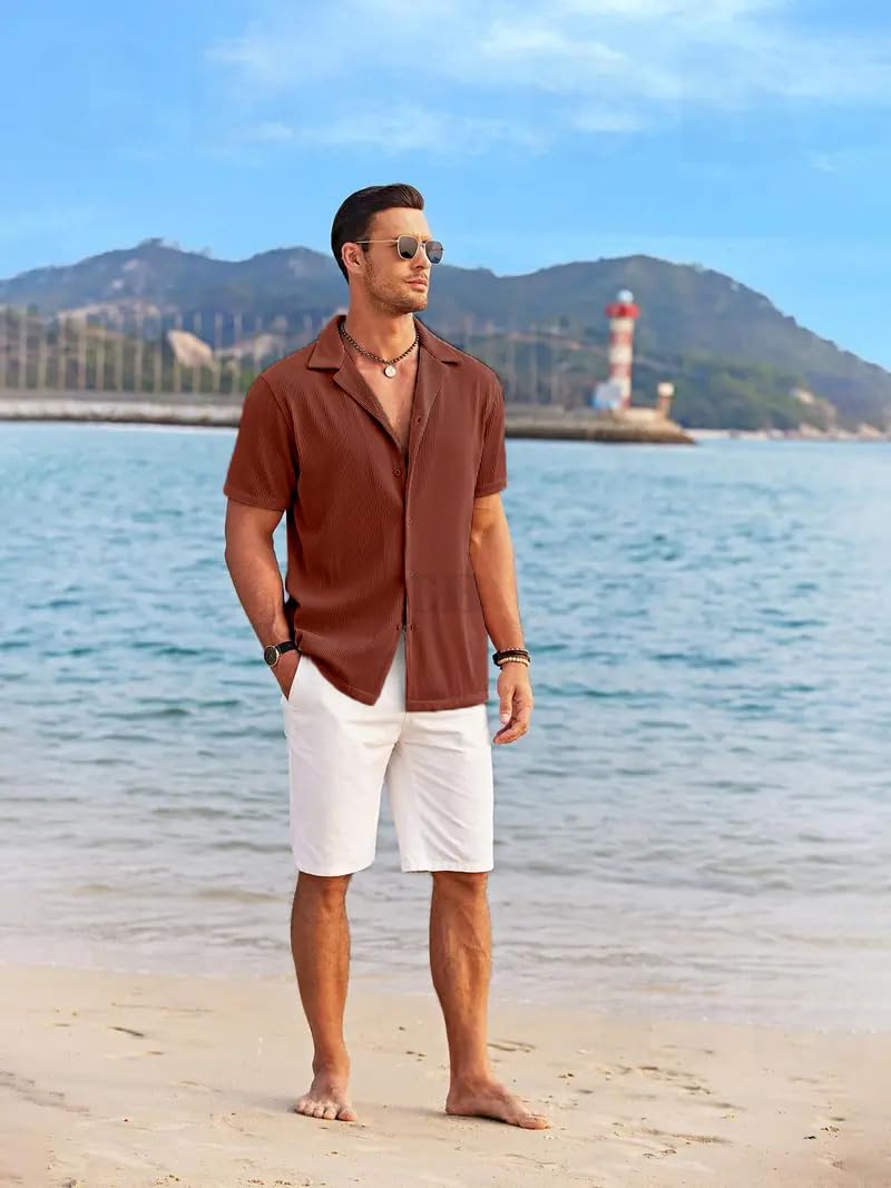 CB-COLEBROOK Mens Casual Button Down Shirts Short Sleeve Regular Fit Fashion Spread Beach Shirts Tops (in, Alpha, XL, Regular,