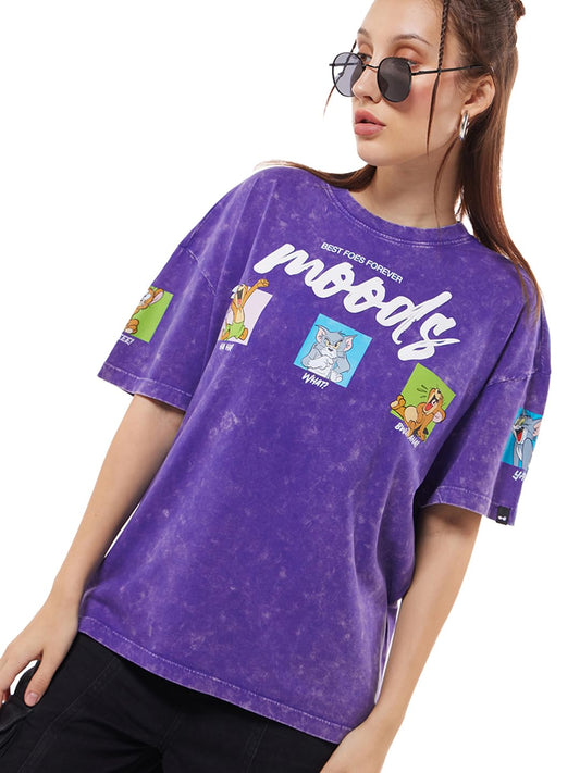 Bewakoof Official Tom & Jerry Merchandise Womens Graphic Print Oversized Fit Half Sleeve Round Neck Cotton Jersey Acid Wash T-S
