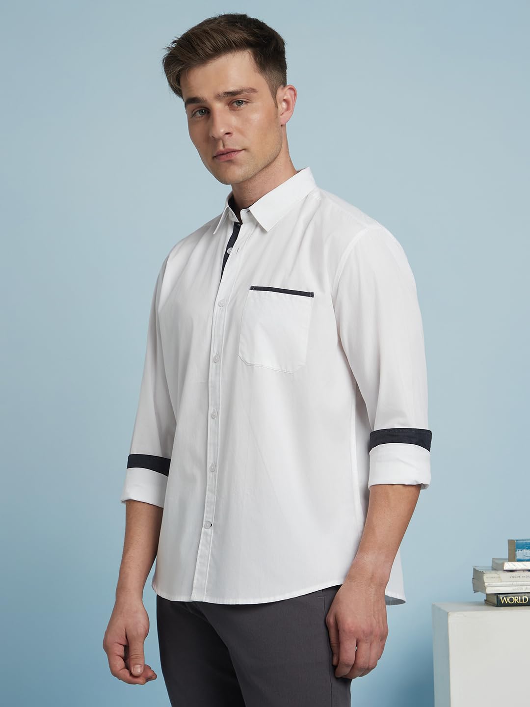 Dennis Lingo Men Solid 100% Cotton Regular Fit Full Sleeves Spread Collar Shirts White
