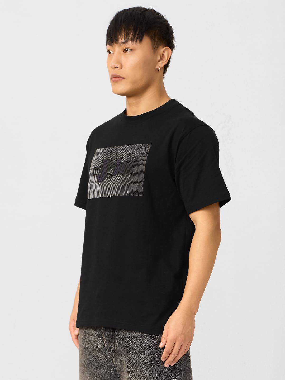 The Souled Store Official Batman: Joker x Batman Short Sleeve Round Neck Black Graphic Printed Relaxed Fit T-Shirts for Men and