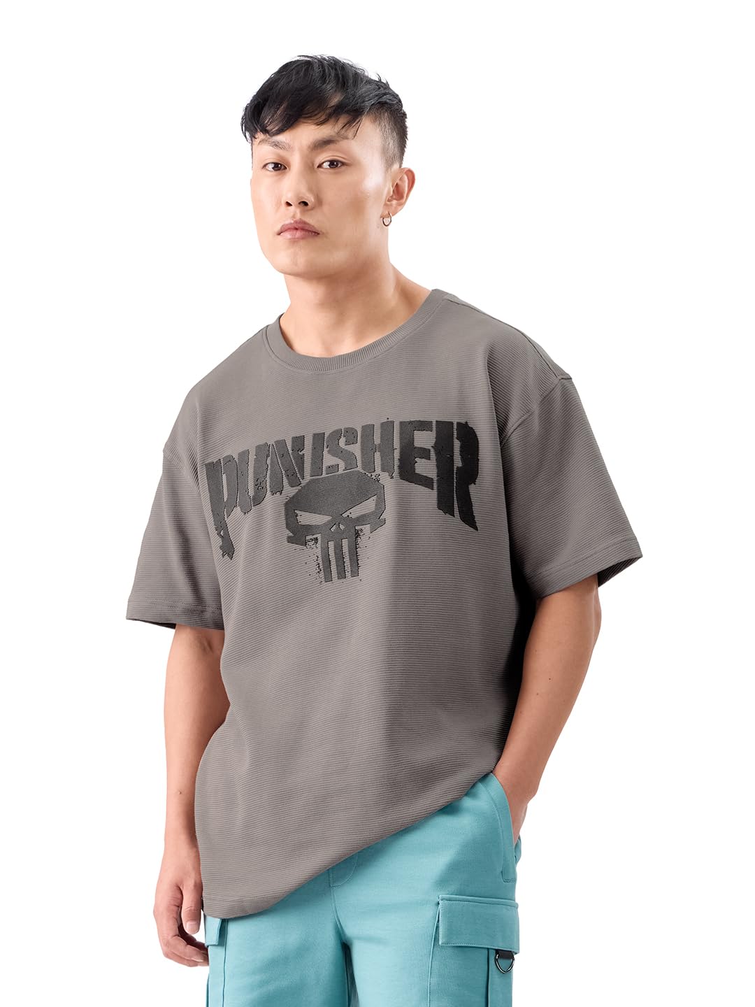 The Souled Store Official Punisher: Cold Fury Men and Boys Short Sleeves Round Neck Grey Graphic Printed Cotton Oversized T-Shir