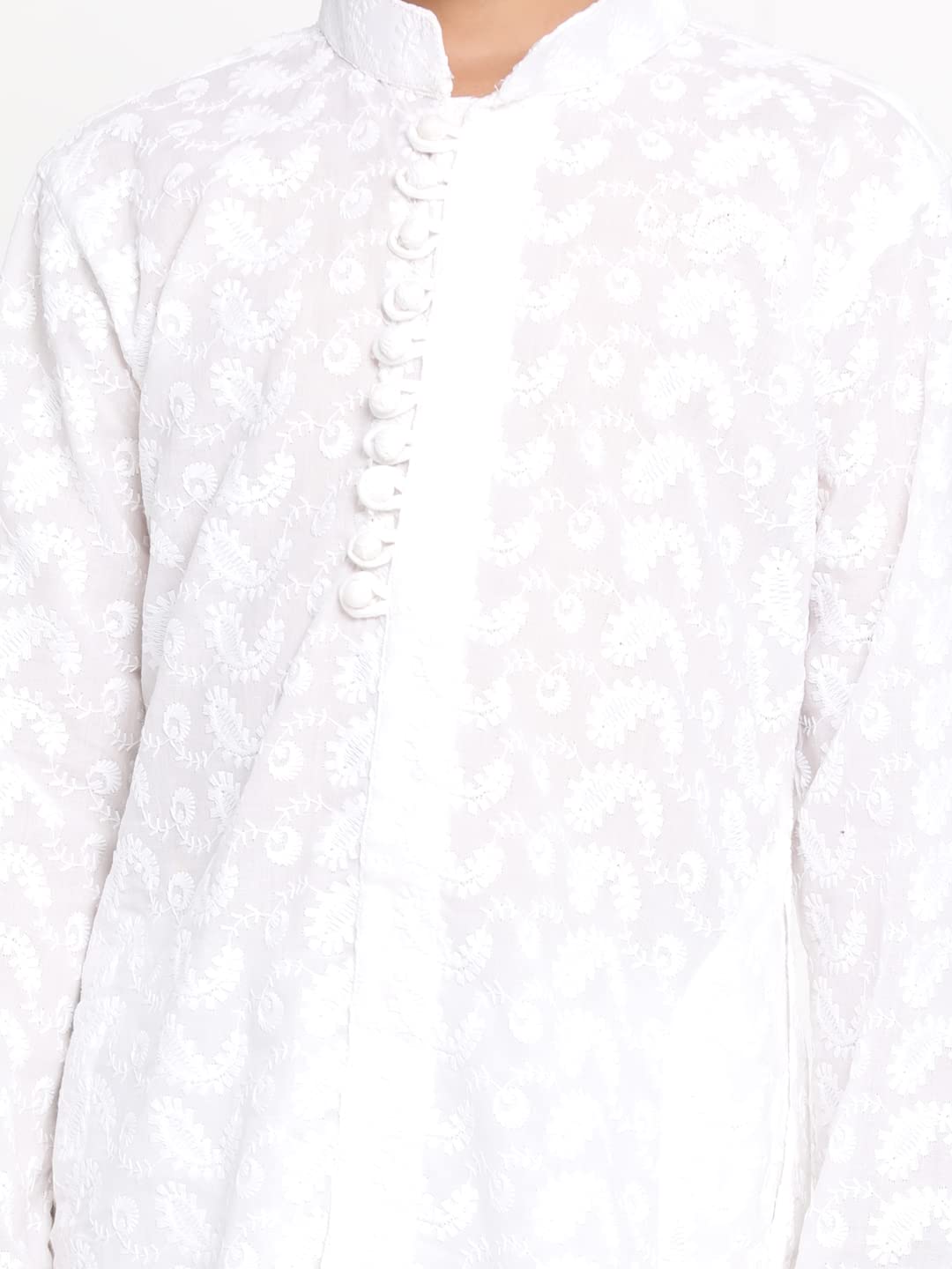 Vastramay Boys Cotton Kurta Pyjama Set With Lucknowi Chikankari Embroidery, Full Sleeves & Mandarin Collar  Perfect For Festive