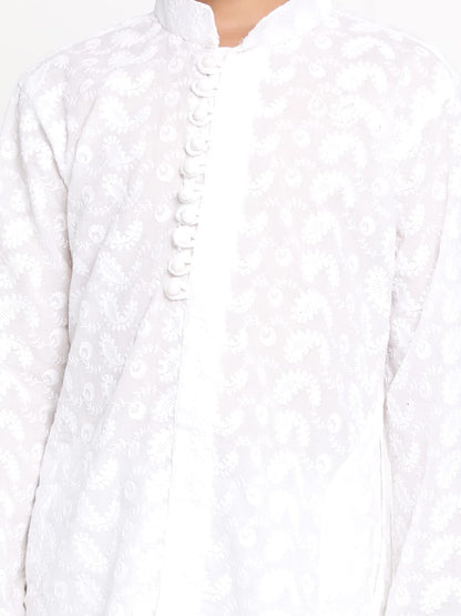 Vastramay Boys Cotton Kurta Pyjama Set With Lucknowi Chikankari Embroidery, Full Sleeves & Mandarin Collar  Perfect For Festive