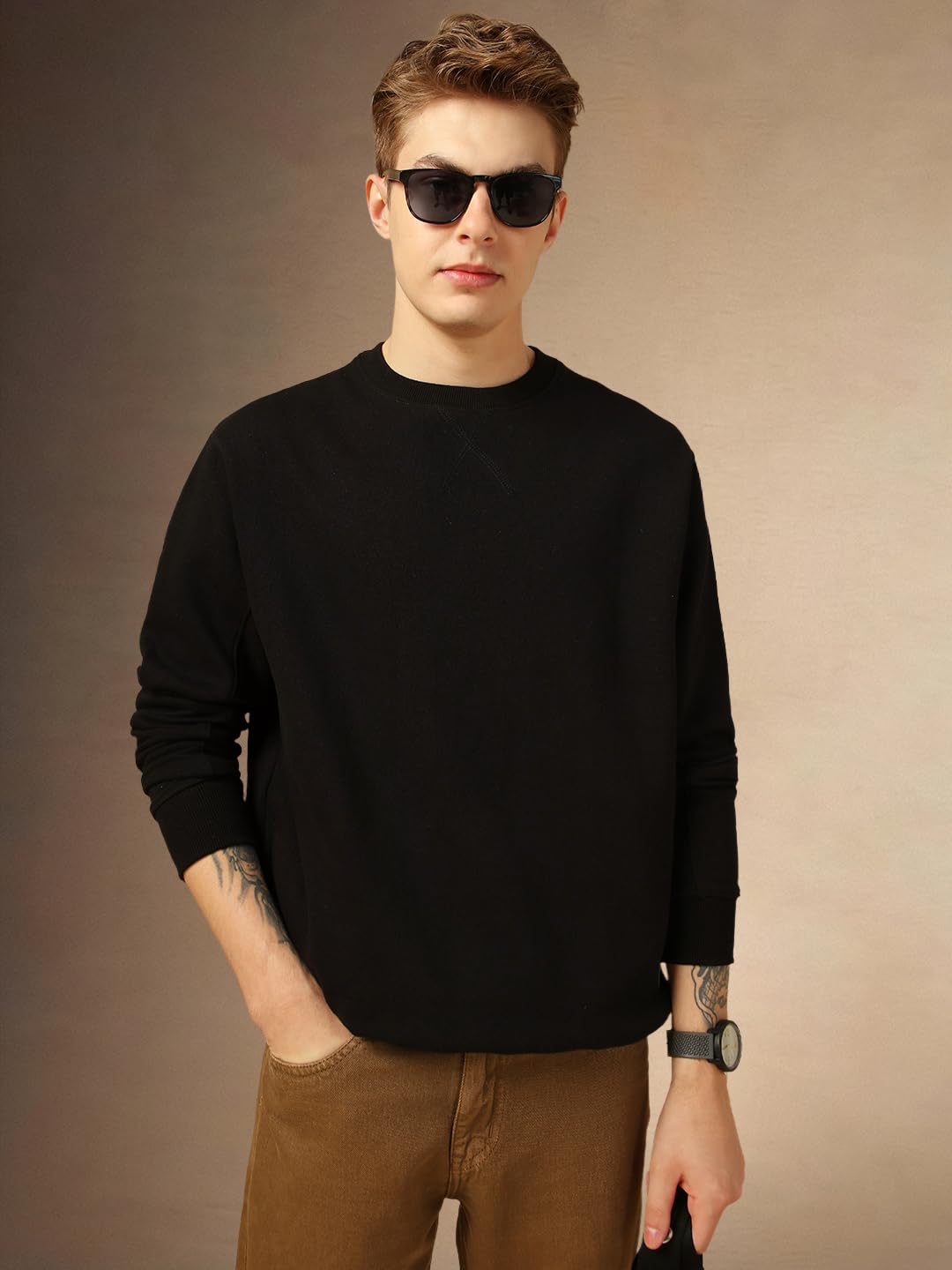 Dennis Lingo Regular Fit Cotton Men Full Sleeves Solid Sweatshirt Black