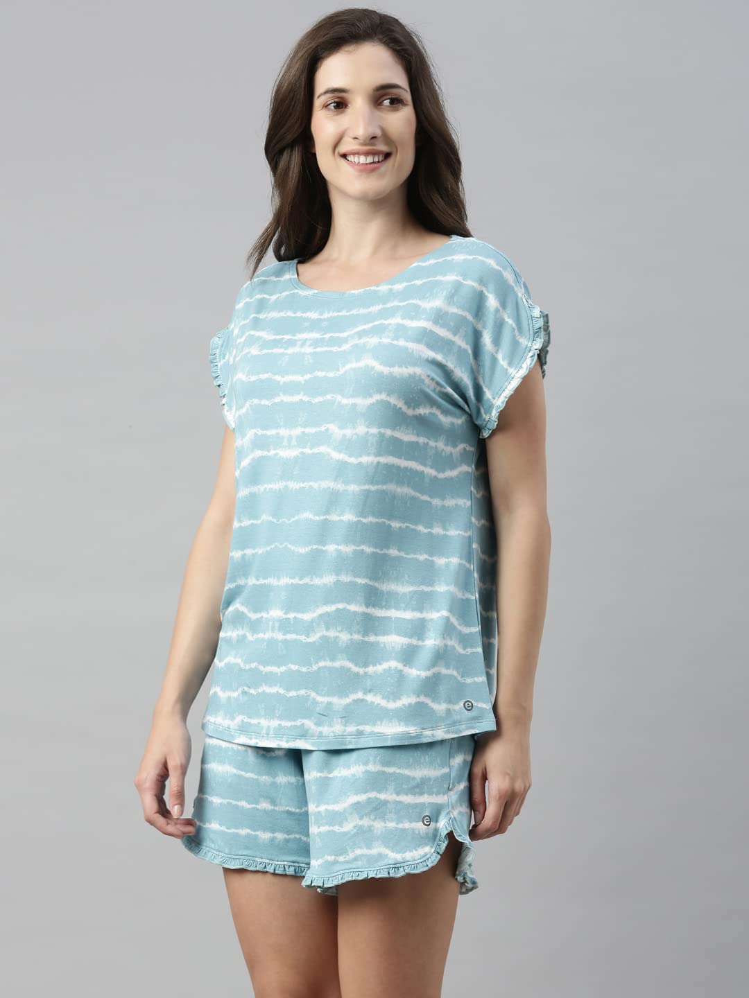 Enamor Essentials Womens Relaxed Fit Modal Fabric Short Sleeve Printed Shirt and Mid-Rise Mid-Thigh Length Slounge Shorts Set -
