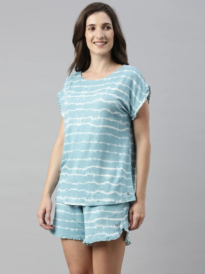 Enamor Essentials Womens Relaxed Fit Modal Fabric Short Sleeve Printed Shirt and Mid-Rise Mid-Thigh Length Slounge Shorts Set -