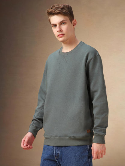 Dennis Lingo Men Green Solid Cotton Relaxed Fit Full Sleeve Sweatshirt