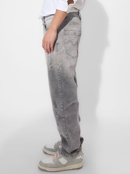 The Souled Store Denim: Granite Grey Men and Boys Buttoned Cotton Blend Straight Fit Jeans