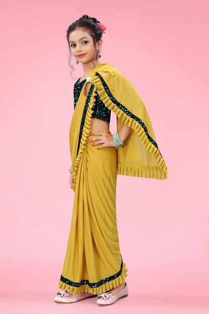 Dhyey Fashion GirlS Lycra Blend Ruffle Saree And Velvet Unstitched Blouse Piece | Readymade Saree For Girls | Girl Ruffle Yello