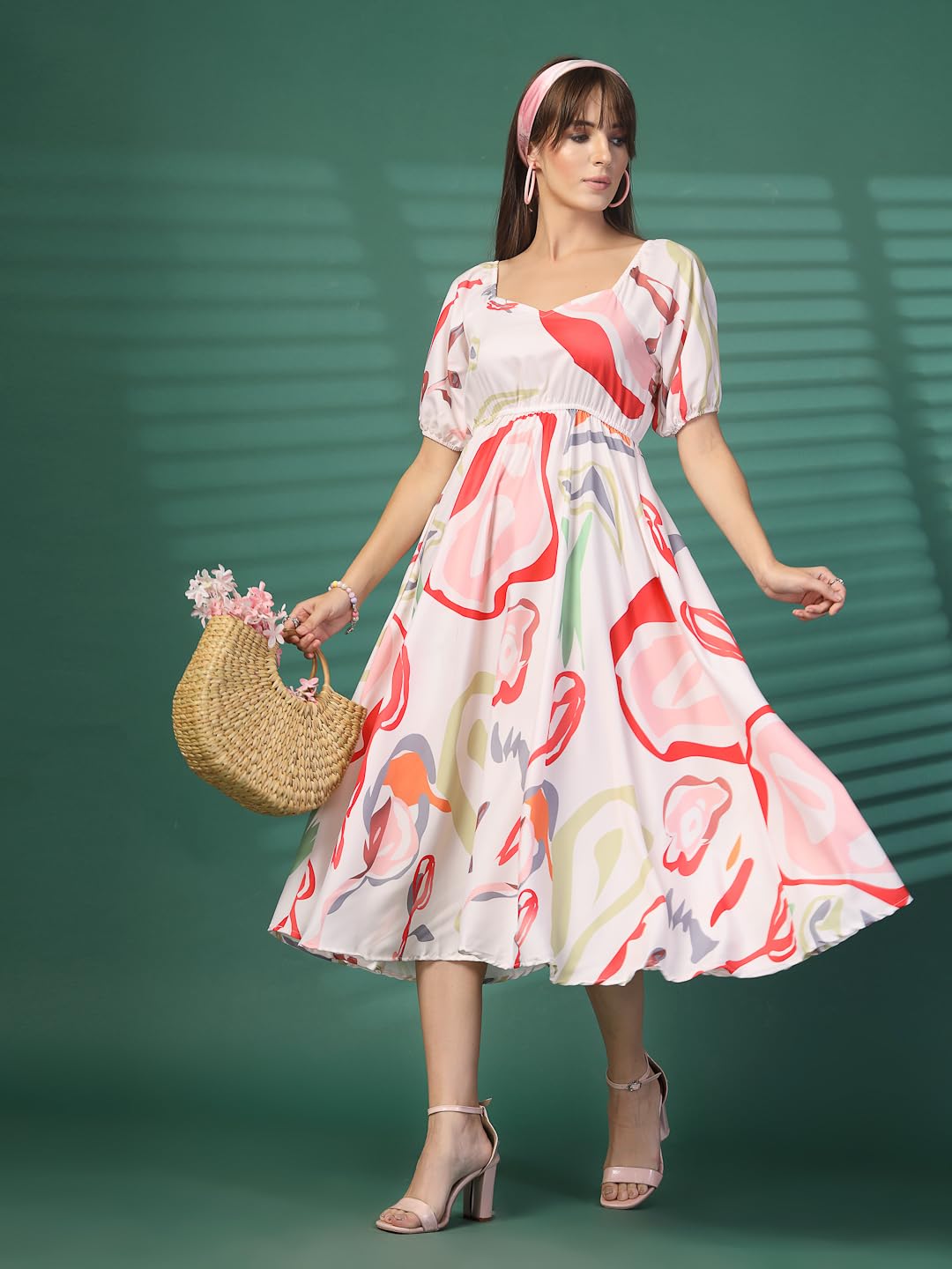 Oomph! Flared Dress For Women Stylish | Long One Piece For Women | Puff Sleeve Long Dress | Floral Print Maxi One Piece | Wester