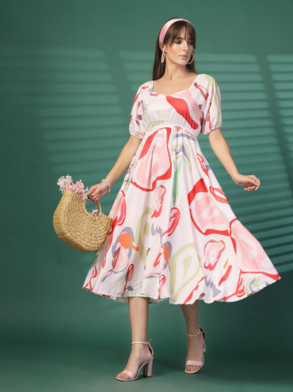 Oomph! Flared Dress For Women Stylish | Long One Piece For Women | Puff Sleeve Long Dress | Floral Print Maxi One Piece | Wester