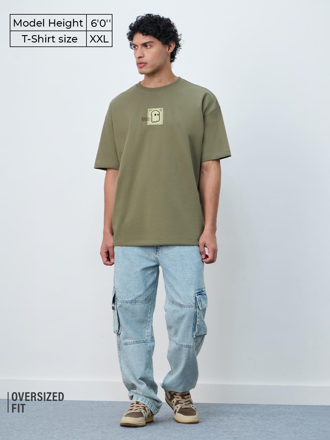 The Souled Store Oversized T-Shirt: Stamp Men and Boys Short Sleeves Round Neck Olive Graphic Printed Cotton Oversized T-Shirts