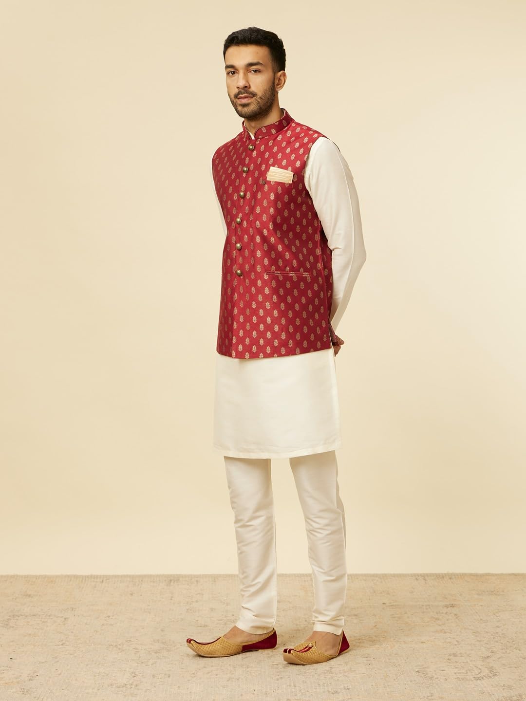 Manyavar Maroon Art Silk Foil Print Jackets