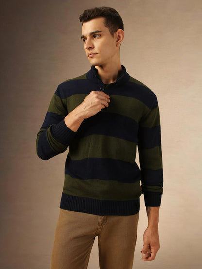 Dennis Lingo Men Regular Fit Acrylic Striped Full Sleeves Mock Collar Pullover Sweater Navy Blue