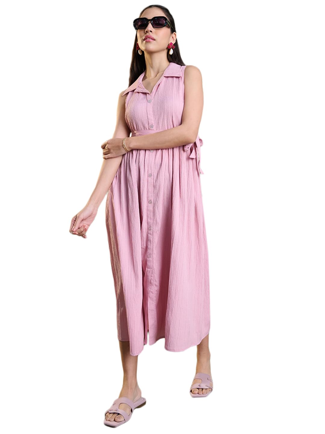 Stylum Womens Self Design Crepe Pleated Dress Pink