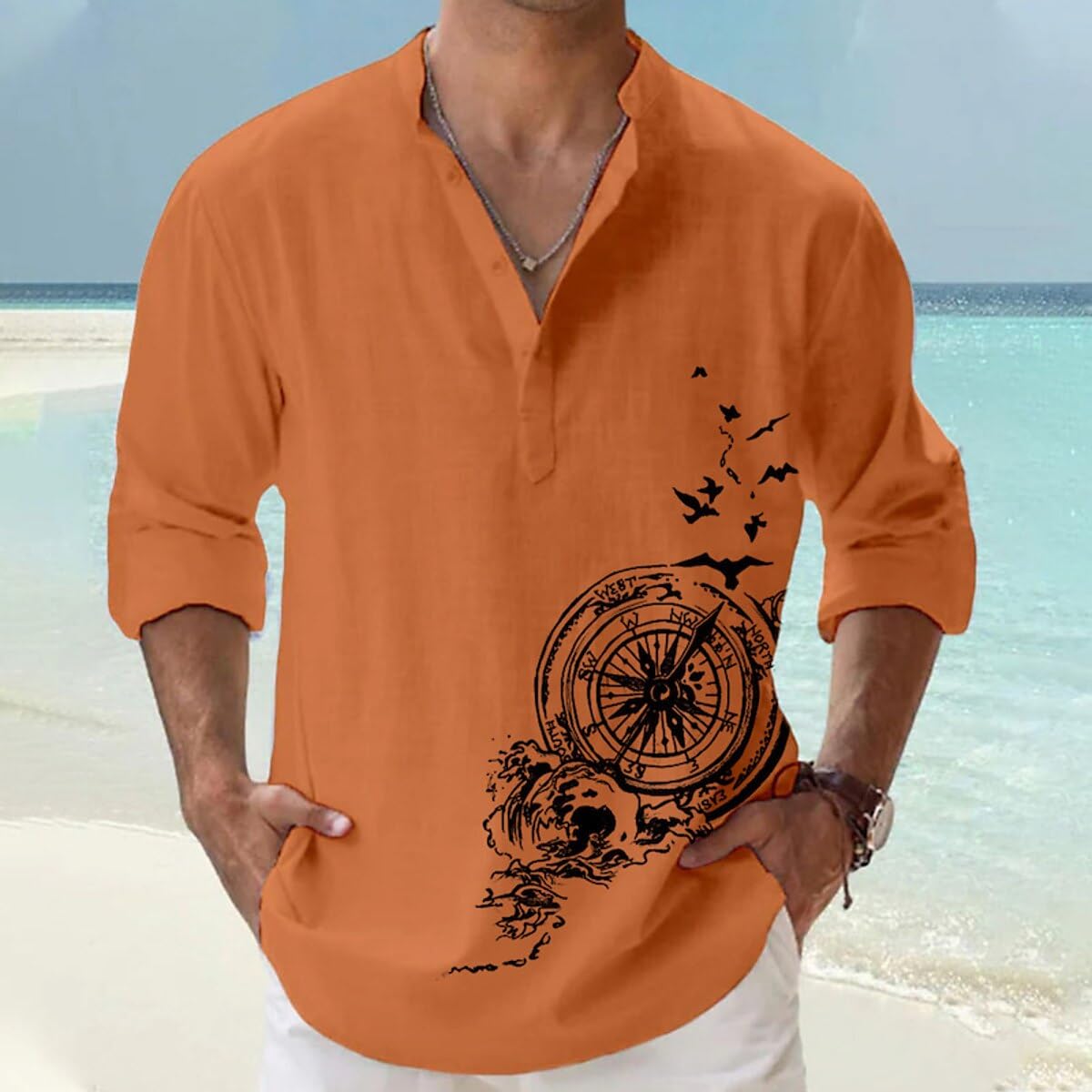 Deemoon MenS Cotton Blend Mandarin Collar Self One Design Full Sleeve Casual Short Kurta Orange
