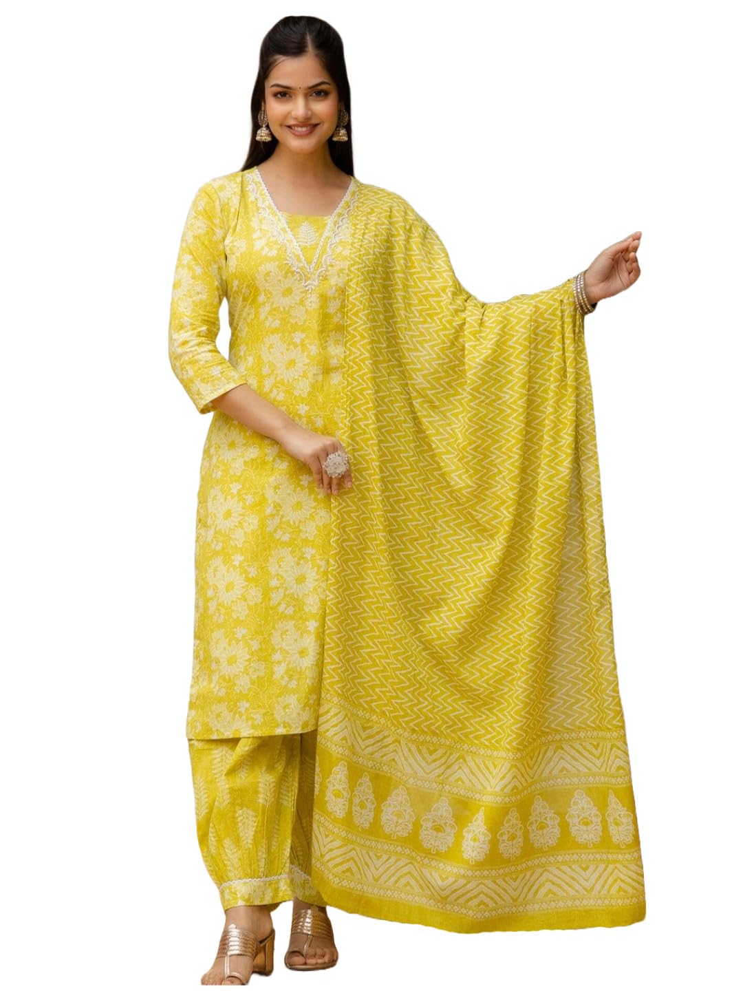 Anni Designer WomenS Rayon Blend Straight Printed Kurta With Patiala & Dupatta (Sahima Yellow_S_Yellow_Small)