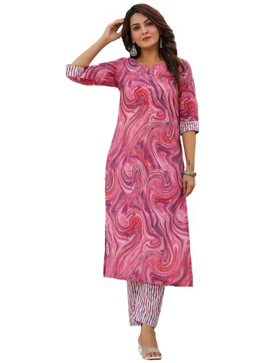 ANNI DESIGNER Womens Cotton Blend Printed Straight Kurta with Pant (CHARAN-Rani_L_Pink_Large)