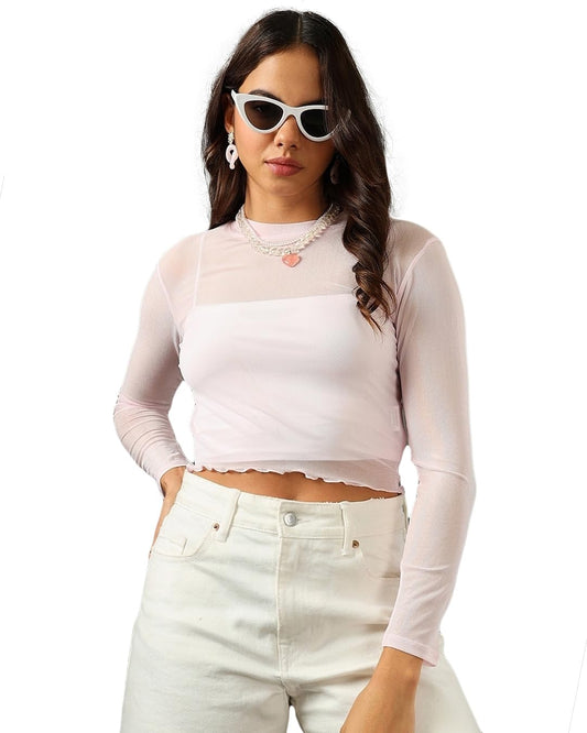 Bewakoof Air 1.0 Womens Solid Slim Fit Full Sleeve Round Neck Poly Mesh Top_584798_Pink_M