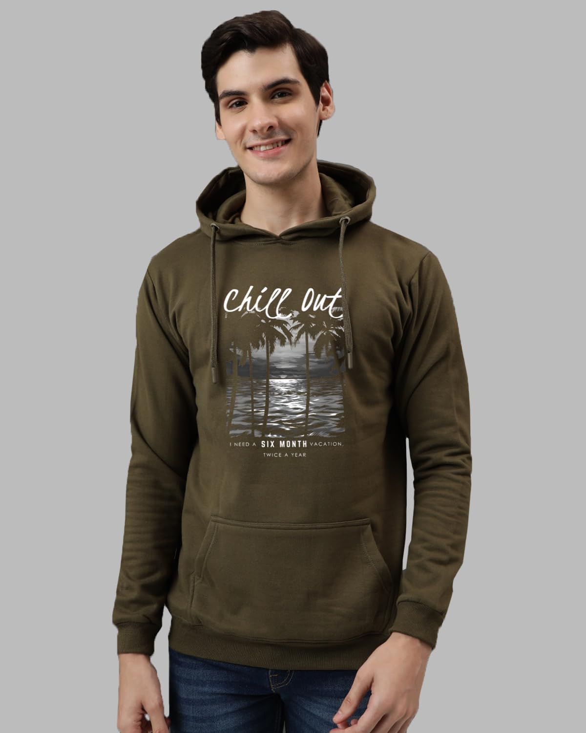 ADRO Men's Cotton Blend Neck Hooded Sweatshirt (H24-CHILL-OL_Olive