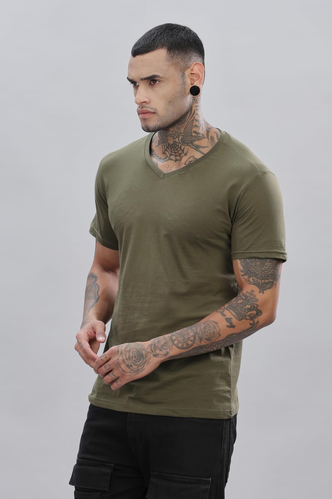 ADRO Men's V Neck Solid Cotton T-Shirt (VN-M-PLN-OL_Olive)
