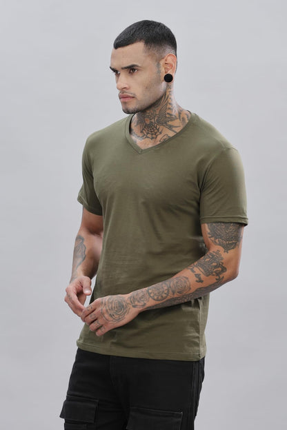 ADRO Men's V Neck Solid Cotton T-Shirt (VN-M-PLN-OL_Olive)