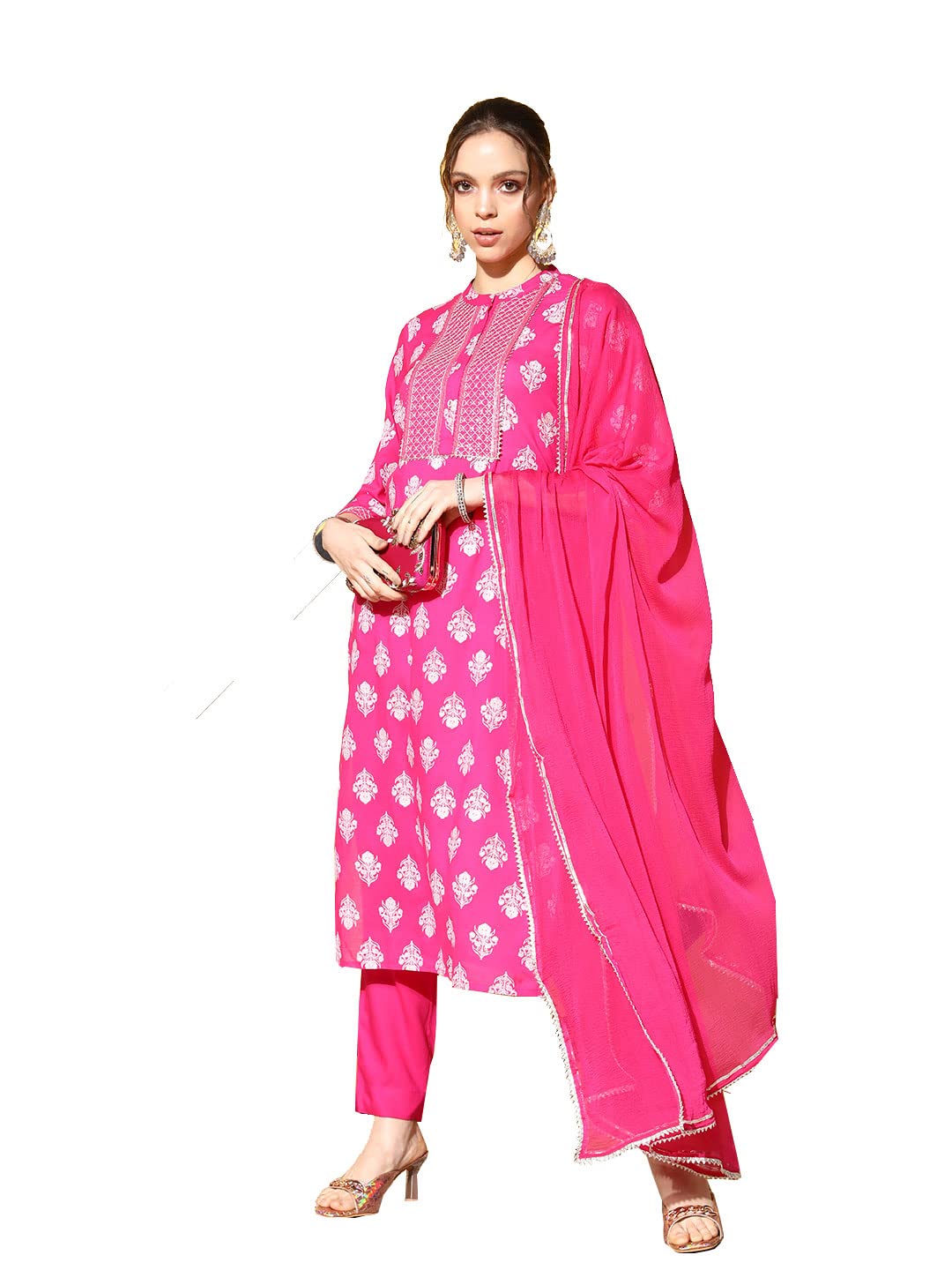 ishin Women's Cotton Pink Embroidered A-Line Kurta Trouser Dupatta Set