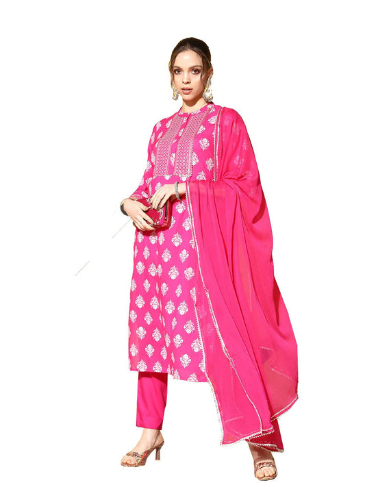 ishin Women's Cotton Pink Embroidered A-Line Kurta Trouser Dupatta Set