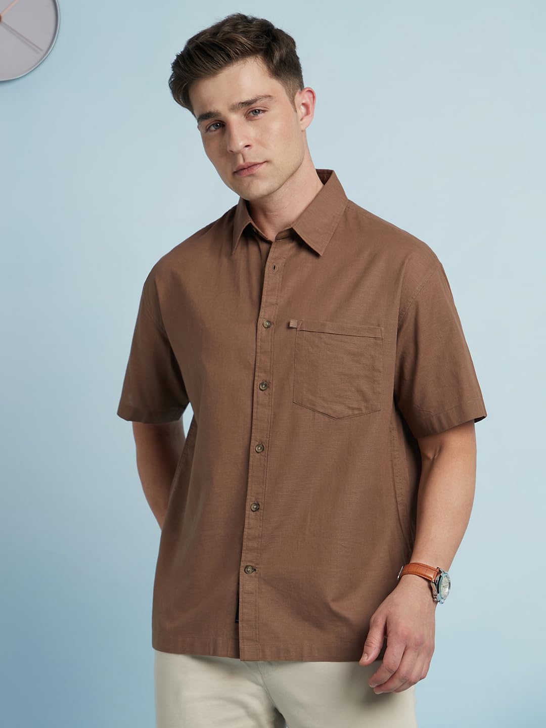 Dennis Lingo Men Cotton Relaxed Fit Textured Shirts Brown
