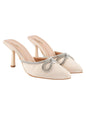 Shoetopia WomenS Golden Elegant Ivory Satin Mule Heels With Crystal Bow  Pointed Toe Slip-On Dress Rhinestone For Party Or Even