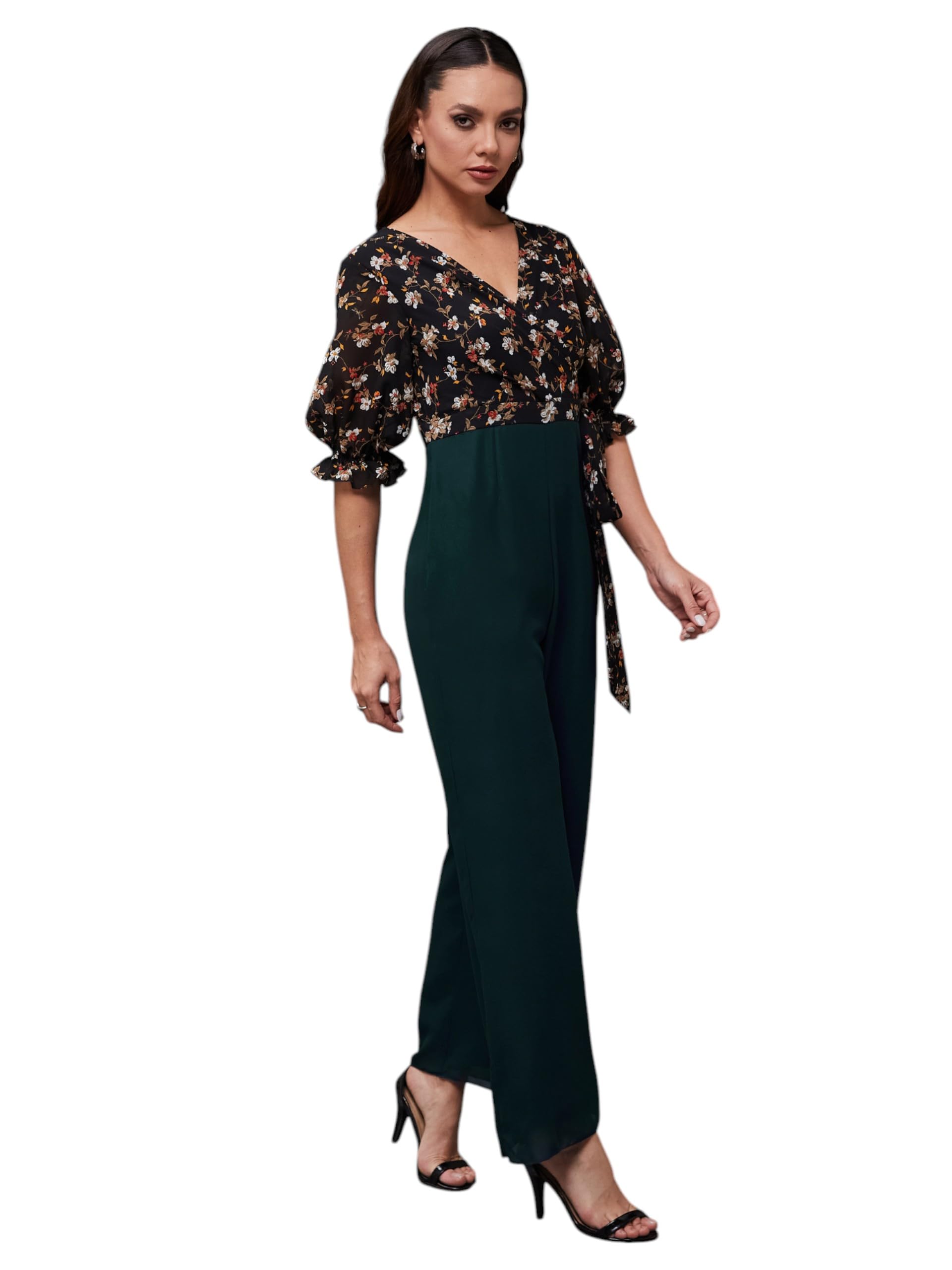 Miss Chase Womens V Neck Puff Sleeve Floral Patterned Wrap Jumpsuit (MCSS25D93-81-306-05, Multicolored Base Teal, L)